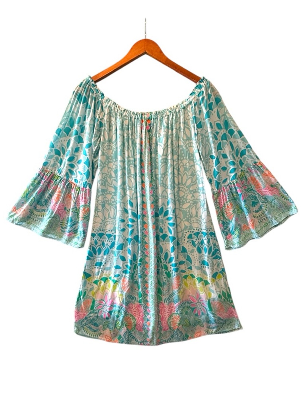Lilly Pulitzer Nevie Off-the-Shoulder Dress Blue Pink Print Size M - Picture 2 of 4
